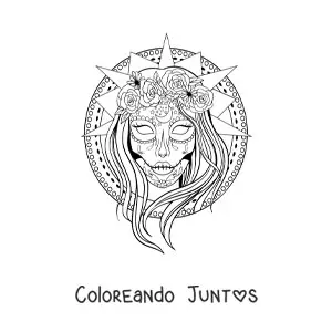 Imagen para colorear de hermosa catrina realista con fondo de mandala