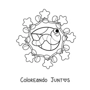 Imagen para colorear de mandala kawaii de oruga y flores