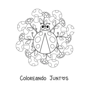 Imagen para colorear de mandala kawaii de mariquita con hongos y flores