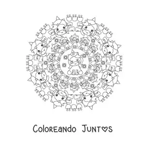 Imagen para colorear de mandala kawaii de unicornios