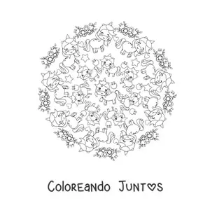 Imagen para colorear de mandala kawaii de unicornios con flores y estrellas