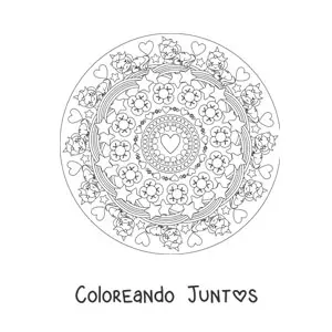 Imagen para colorear de mandala kawaii de unicornios con flores corazones y estrellas