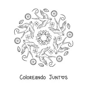Imagen para colorear de mandala de aves volando y hojas