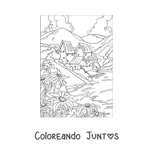 Imagen para colorear de paisaje de una casa en el campo