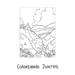 Imagen para colorear de paisaje de una casa en el campo