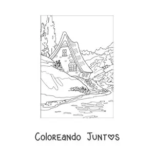 Imagen para colorear de paisaje de una casa en el campo
