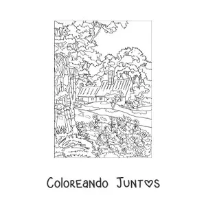 Imagen para colorear de paisaje de una casa en el campo