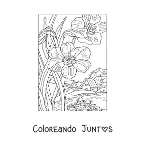 Imagen para colorear de paisaje de una casa en el campo