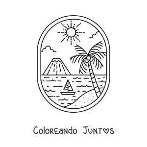 Imagen para colorear de paisaje de la playa con palmera y volcán al fondo