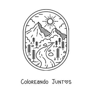Imagen para colorear de paisaje natural con río y montañas