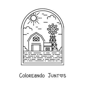 Imagen para colorear de paisaje rural con granero y molino