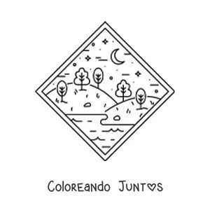 Imagen para colorear de paisaje de bosque con lago de noche