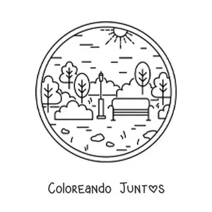 Imagen para colorear de una banca en un parque con árboles y un poste de luz
