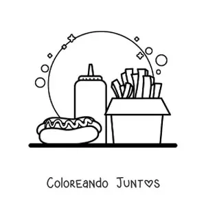 Imagen para colorear de hot dog con salsa y papas fritas