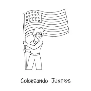 Imagen para colorear de un chico sosteniendo la bandera de Estados Unidos
