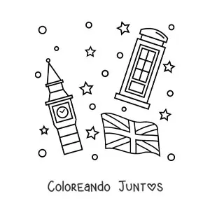Imagen para colorear de la bandera del Reino Unido con el Big Ben y una cabina telefónica