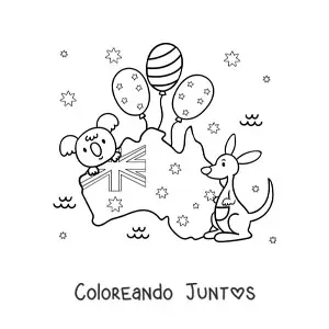 Imagen para colorear de la bandera de Australia en mapa con canguro y koala kawaii