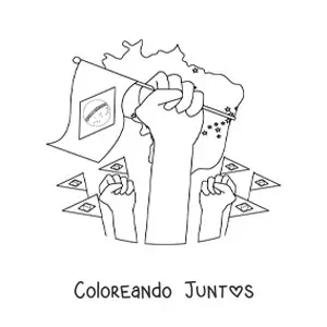 Imagen para colorear de varias manos sosteniendo la bandera de Brasil con un mapa de fondo