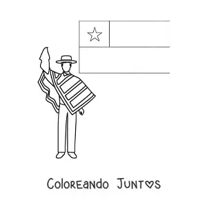 Imagen para colorear de un hombre con vestimenta tradicional chilena junto a la bandera de Chile