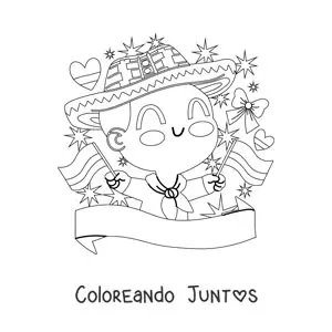 Imagen para colorear de un niño con traje tradicional colombiano sosteniendo la bandera de Colombia