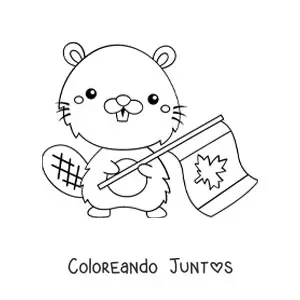 Imagen para colorear de un castor kawaii sosteniendo la bandera de Canadá