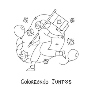 Imagen para colorear de una chica sosteniendo las bandera de Canadá y hojas