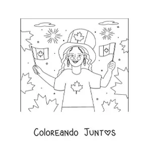Imagen para colorear de una chica sosteniendo la bandera de Canadá y sombrero