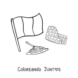 Imagen para colorear de bandera de italia con pasta y el coliseo romano