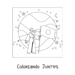 Imagen para colorear de chico con bandera de japón y paisaje