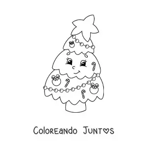 Imagen para colorear de un árbol de Navidad kawaii animado con bastones y guirnaldas