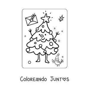 Imagen para colorear de un árbol de Navidad kawaii animado con estrella