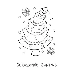 Imagen para colorear de un árbol de Navidad con gorro navideño y copos de nieve alrededor