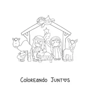 Imagen para colorear del nacimiento del niño Dios en el pesebre con mula, oveja y camello