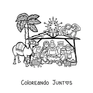 Imagen para colorear de un pesebre de Navidad con camello, ovejas, los Reyes Magos y el ángel Gabriel