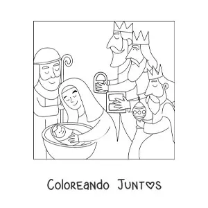 Imagen para colorear de un nacimiento con los Reyes Magos