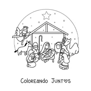 Imagen para colorear de un pesebre navideño con camello, oveja, los Reyes Magos y el ángel Gabriel
