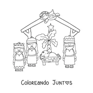 Imagen para colorear de los Reyes Magos y el ángel Gabriel con el niño Jesús en el pesebre