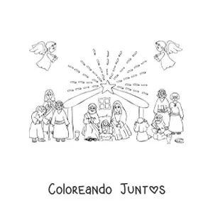 Imagen para colorear de un nacimiento animado con pastores y ángeles