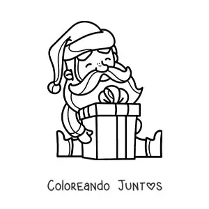 Imagen para colorear de Santa Claus kawaii sentado con regalo