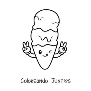 Imagen para colorear de un cono de helado animado saludando y guiñando un ojo