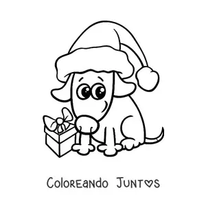 Imagen para colorear de perro con regalo de Navidad