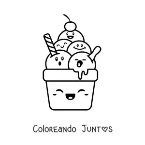 Imagen para colorear de un helado de varios sabores animado kawaii
