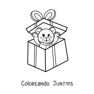 Imagen para colorear de un oso de peluche dentro de una caja de regalo de Navidad