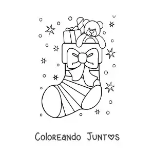 Imagen para colorear de calcetín de Navidad con lazo y oso de peluche
