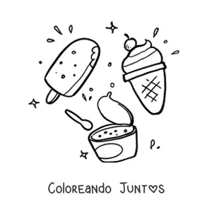 Imagen para colorear de un helado de vaso junto a uno de paleta y un helado de barquilla