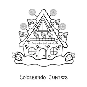 Imagen para colorear de casa de jengibre kawaii con fresas