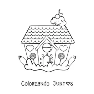Imagen para colorear de casa de jengibre kawaii con corazones