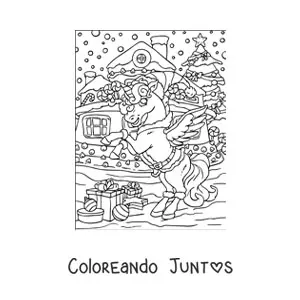 Imagen para colorear de unicornio animado con casa de jengibre