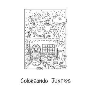 Imagen para colorear de casita de jengibre con jardín