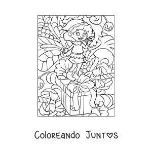 Imagen para colorear de chica duende de Navidad con regalo